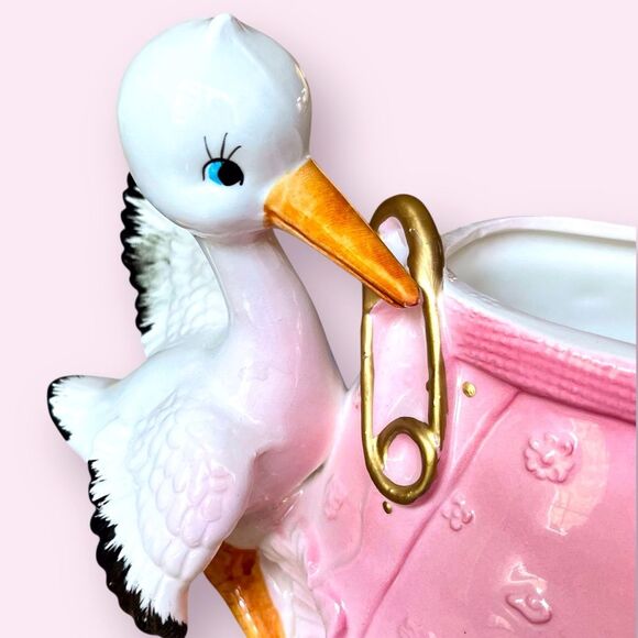 Lefton Stork Planter Pink Baby Bloomers 1960s - Picture 8 of 12
